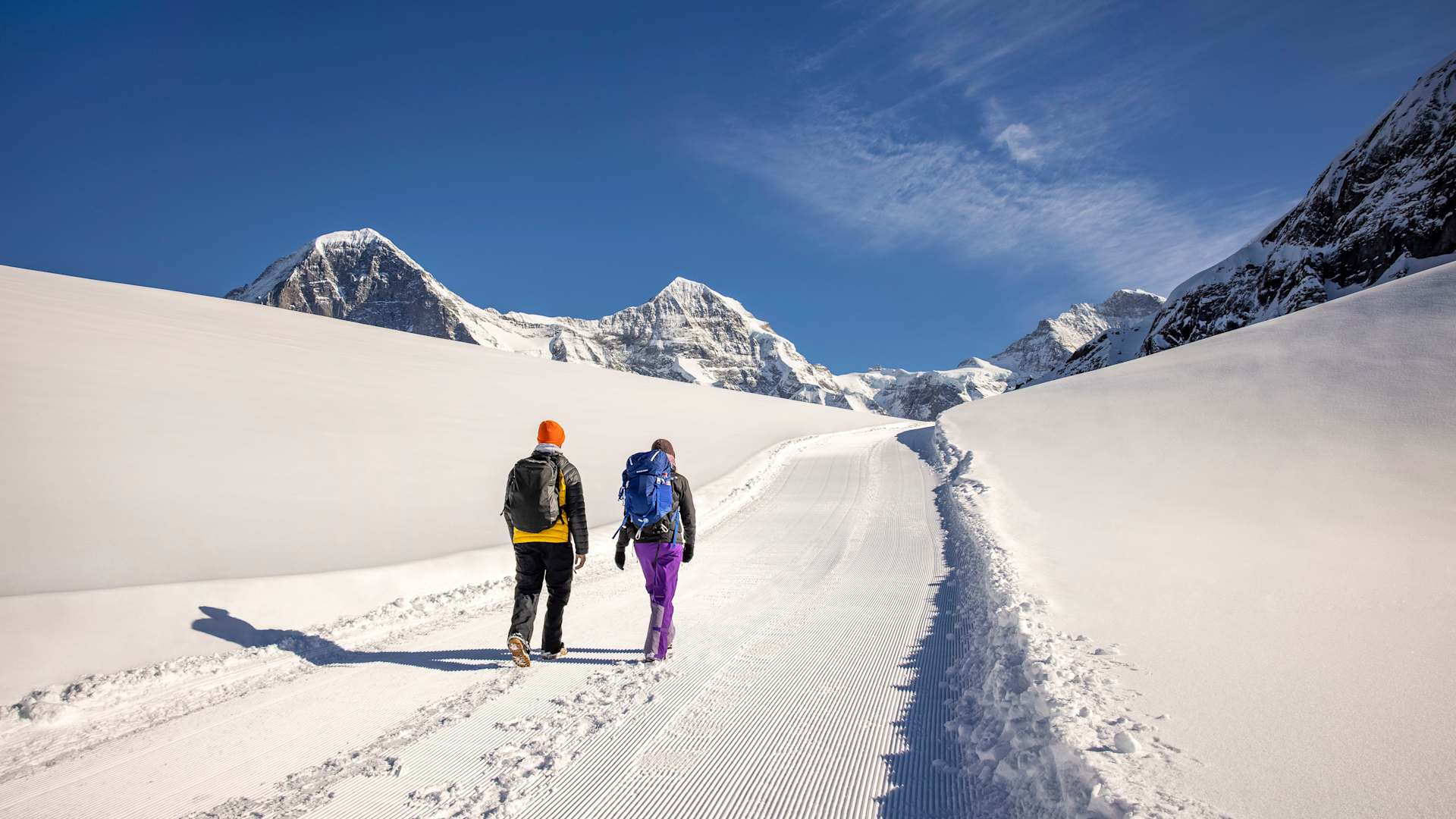 Winter walking Kleine Scheidegg Männlichen in front of Eiger, Mönch and Jungfrau