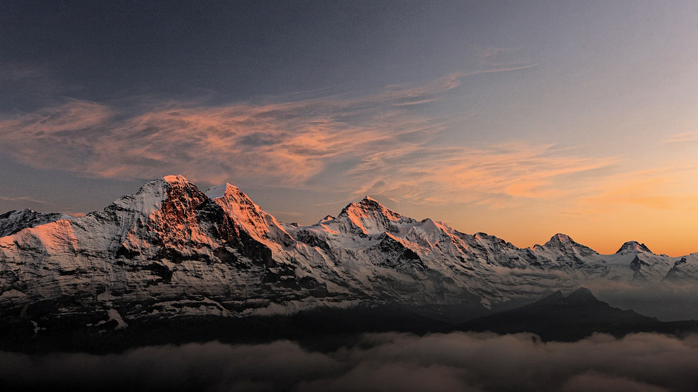 Abend-Morgenstimmung, Berge, Eiger, Eiger-Mönch-Jungfrau, Jahreszeit, Jungfrau, Mönch, Sommer, Verhältnisse